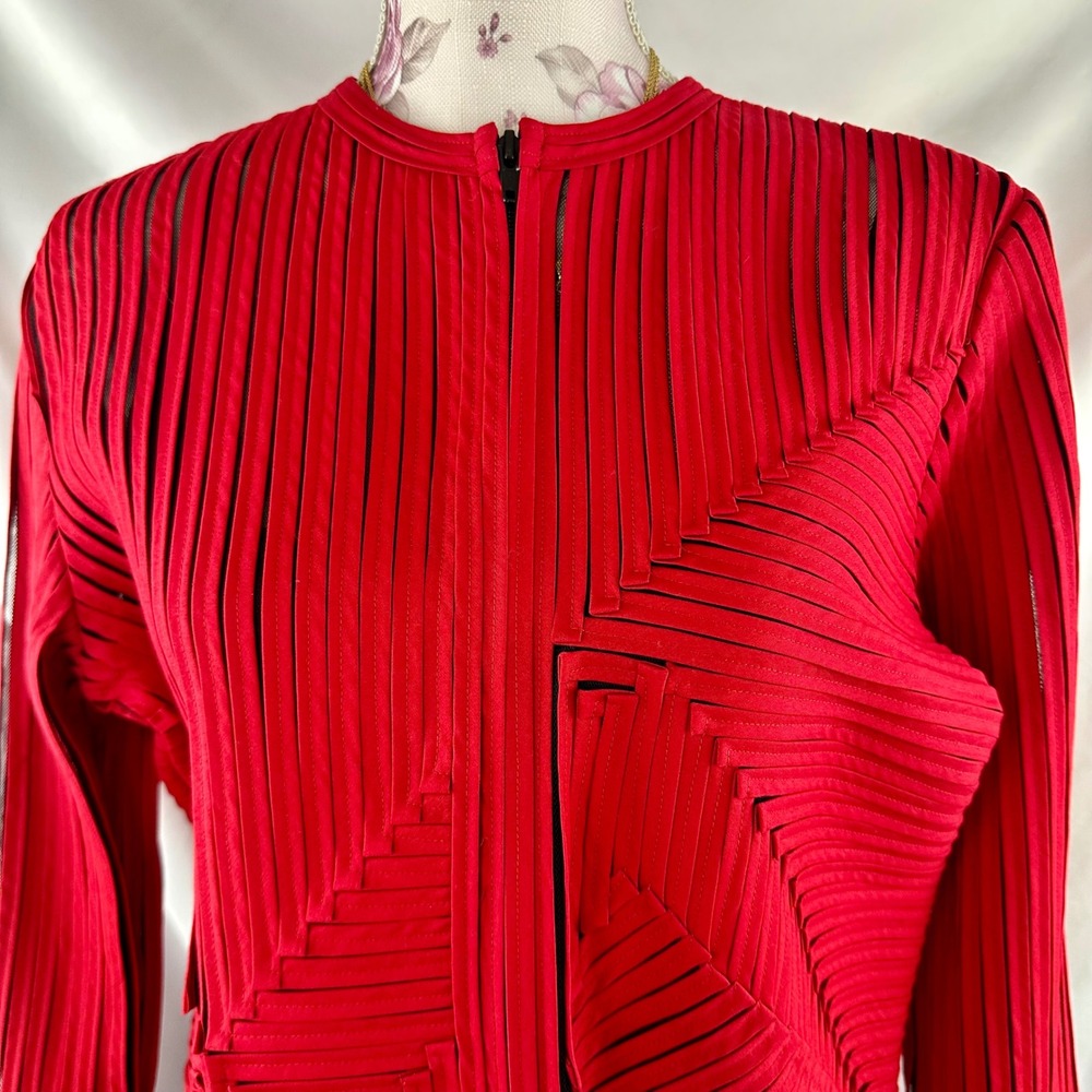 Vintage Laura Ashley Red Applique Ribbon Mesh Jacket Petite Medium Avant Garde - Picture 12 of 17